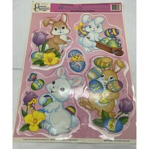 Vintage Easter Color-Clings Window Decorations Bunnies Rabbit Eggs Duck Pink 90s
